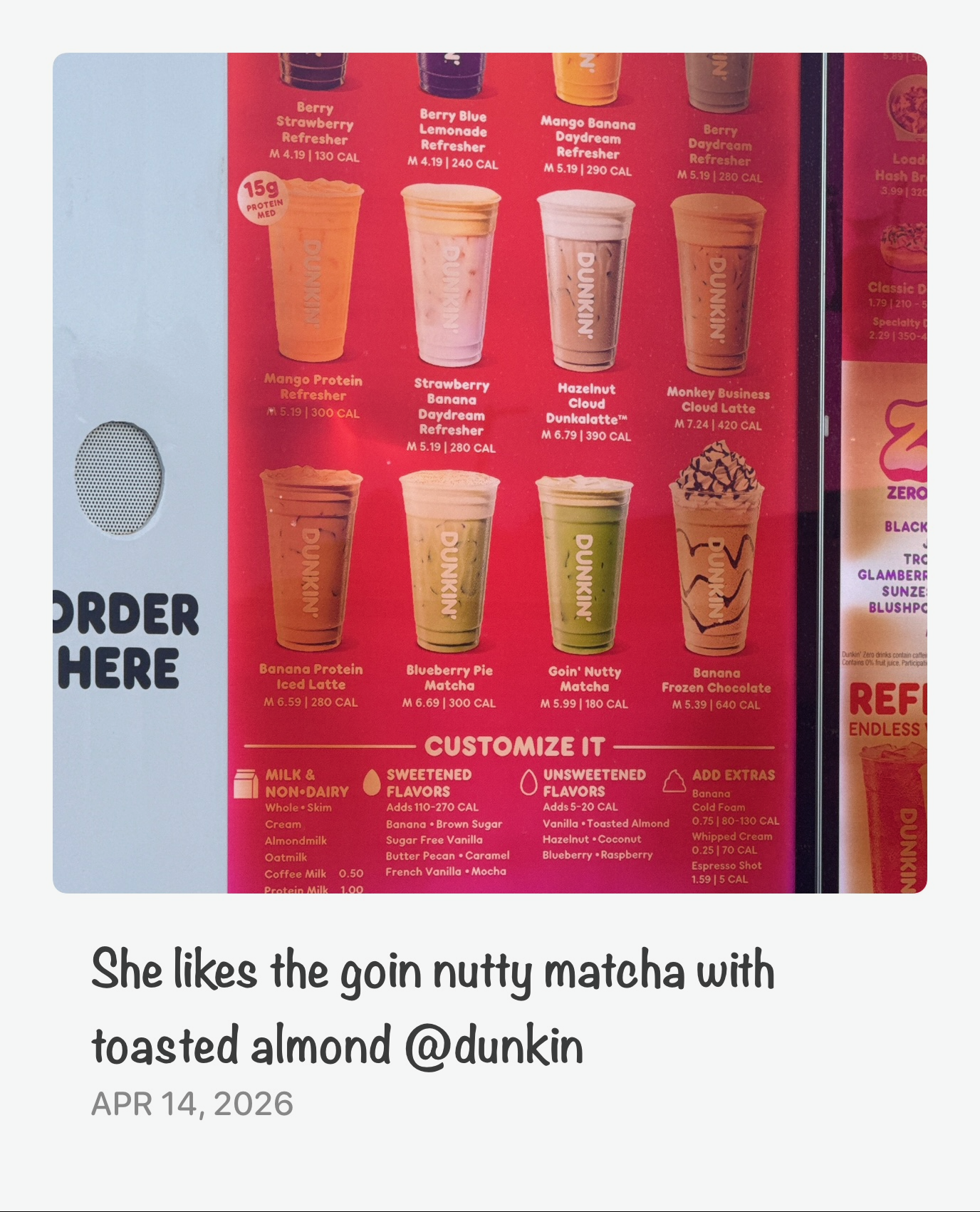Forgetful memento showing a Dunkin order reminder